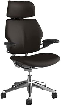 Humanscale Freedom Office Chair with Headrest - Ergonomic Work Chair with Standard Height Adjustable Duron Arms - Wheels for Carpet - Polished Aluminum Frame with Java Corvara Leather