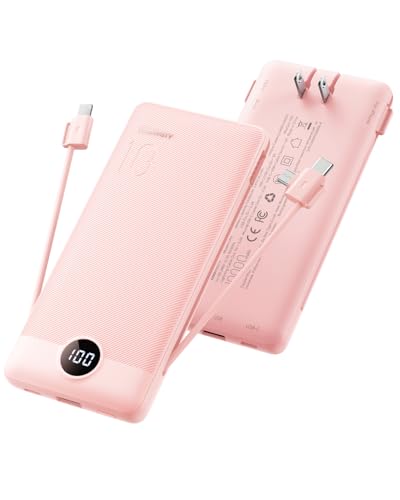 Image of Portable Charger Built-in Cables and Wall Plug, 10000mAh Slim USB C Power Bank, LED Display External Battery Pack Compatible with iPhone /Android & More (Pink)