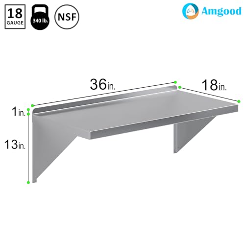 Image of AmGood 18 inch x 36 inch Stainless Steel Wall Shelf | Appliance & Equipment Metal Shelving | Kitchen, Restaurant, Garage, Laundry, Utility Room | Heavy Duty | Squared Edge | NSF Certified