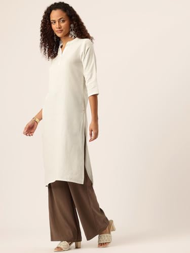 Image of feranoid Women's Plain Cotton Kurta with Mandarin Collar, 3 /4 Sleeves & Pocket