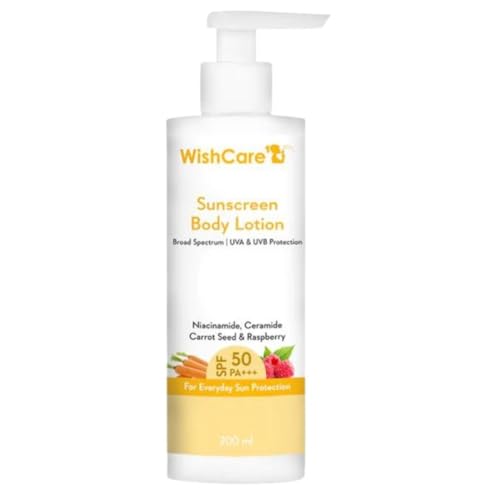 Wis..hCare Sunscreen Body Lotion with SPF 50 PA+++ - Broad Spectrum UVA & UVB Protection, No White Cast, Enriched with Carrot Seed & Raspberry - Body Sunscreen Lotion 200ml