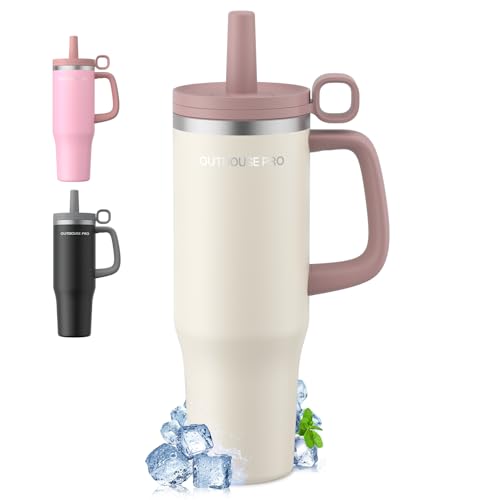 Mug Isotherme avec Paille et Poignée 1200ml, Thermos Isotherme en Acier Inoxydable avec Couvercle Étanche, Mug de Voiture, Tasse Isotherme Café pour Boissons Chaudes...