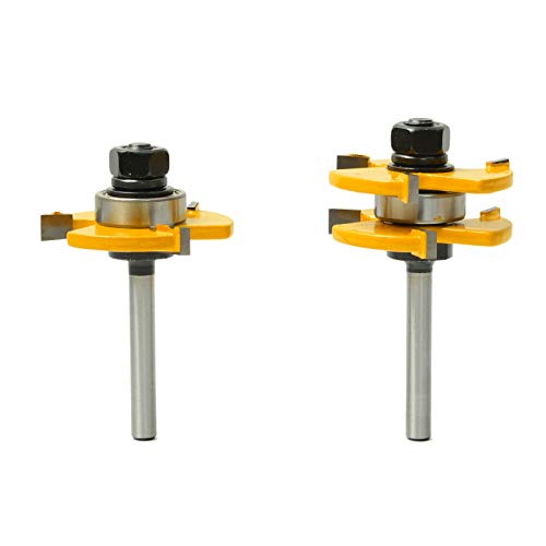 Mantouxixi Tongue and Groove Set of 2 Pcs 1/4 Inch Shank Tongue & Groove Router Bit,3 Teeth T Shape Molding Wood Milling Cutter,Adjustable Wood Door Flooring Woodworking Tool for Doors,Drawers,Shelves
