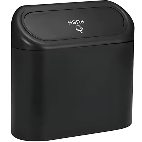 Image of Car Trash Bin with Push Lid and Hanging Hook - Compact Plastic Garbage Can for Car Door, Seat Back Pocket and Desk Use - Black