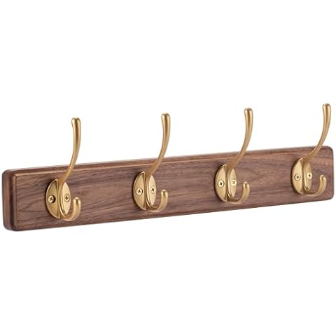 muso wood Coat Rack Wall Mounted Wooden Hat Rack and Coat Hanger Wall Coat Rack with 4 Gold Hooks for Entryway Bathroom Bedroom Walnut -15.75inches Cover