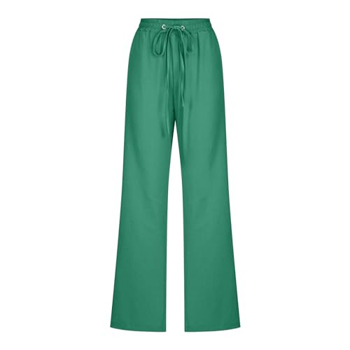 Image of Linen Pants Women High Waisted Drawstring Casual Pant Cotton Linen Straight Leg Lounge Trousers with Side Pockets