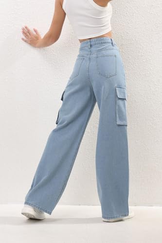 Women's High Waisted Baggy Cargo Jeans Stretch Wide Leg Loose Fit Denim Pants Y2K Streetwear with Pockets for Teen Girls2