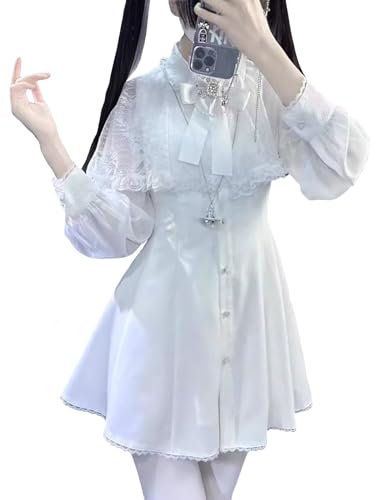 [ＸＨＳＵＫＡＤＯ] レース ケープ ワンピース レディース 清楚系 地雷系 リボン レース フリル パール シフォン ドレス Aライン 着痩せ ゆめかわいい 量産型 長袖 服 フレンチ ガーリー系 ファッション おしゃれ 学生 春 夏 秋 冬 白 ホワイト L [並行輸入品]