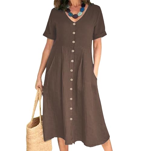 Vestido Midi de algodón y Lino con Cuello en V para Mujer, Vestido Camisero Informal de Verano, Liso Manga Corta, Vestidos Largos 2025 Moda