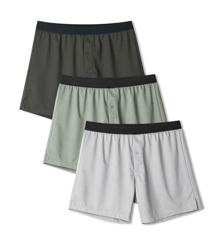 DAVID ARCHY Men’s Waffle Woven Lightweight Boxer Shorts, Quick Dry Breathable Boxer Underwear with Button Fly 3 Pack(M, Dark Green/Light Gray/Gray Green)