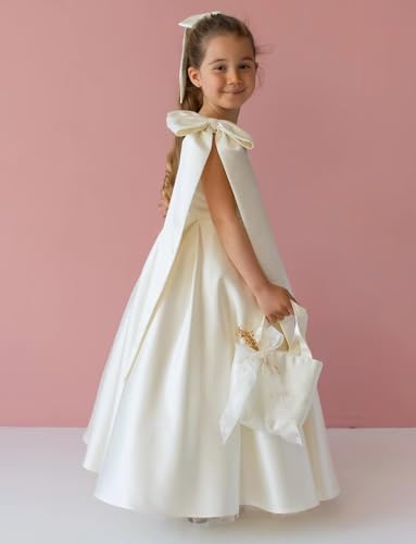 Cute One Shoulder Silk Satin Long Dress for Girls Bow-Knot Flower Girl Dresses for Wedding Birthday Formal3