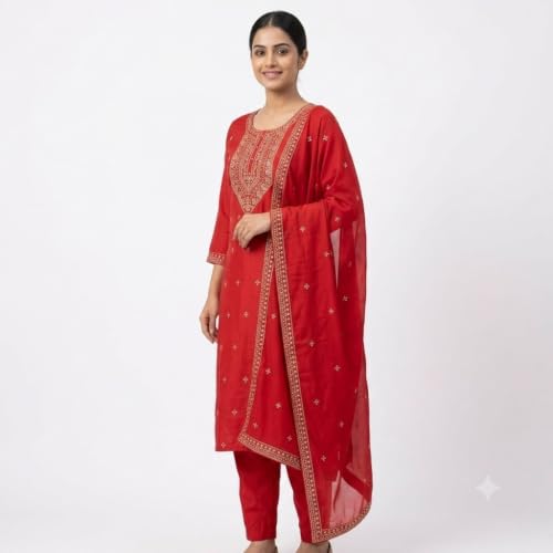 Image of Women's Embroidered Pant with Dupatta Set Ethnic Straight| Traditional Elegant Embroidery Work | Regular Fit | Three-Piece Ethnic Dress Set