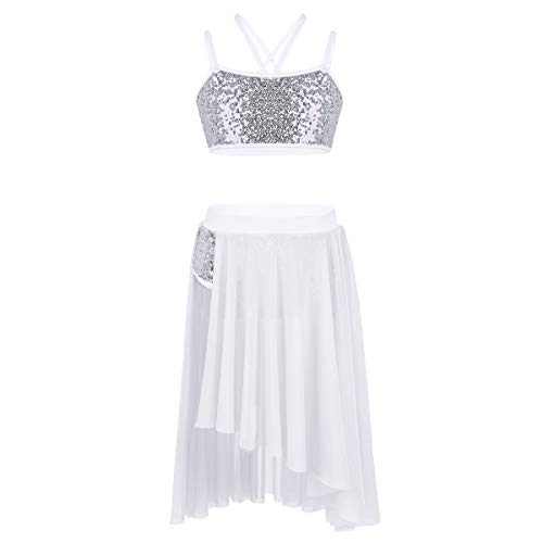 inlzdz Kids Girls Two-Pieces Dance Set Shiny Sequins Crop Tops Irregular Skirts Lyrical
