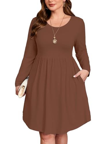 Image of AusLook Women's Plus Size Long Sleeve Midi Dress Casual Empire Waist Loose Flowy Dresses A-Line Boho Long Dress with Pockets