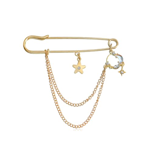 Image of Punk Gold Silver Star Moon Tassel Chain Brooch Sweater Shawl Clips Collar Pin for Women Safety Chain Tassel Broochs