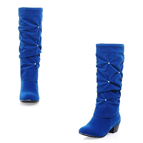 MIOKE Women's Fashion Slouch Mid Calf Riding Boots With Rhinestone Round Toe Suede Cozy Low Heel Dress Boots3