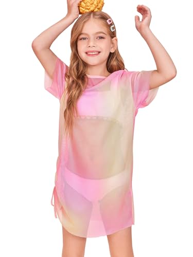 Batermoon Girls Mesh Swim Cover Up Kids Summer Tie Dye Hollow Out Beach Coverup with Drawstring 5-14 Years