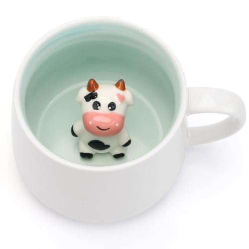 WDAGEOT Cute Cow Ceramic Coffee Mug Hidden 3D Animal In Cup Ideal Creative Holiday Christmas Gifts and Birthday Gifts for Animal Lovers Family Kids Friends Colleagues 12OZ (Black and White)