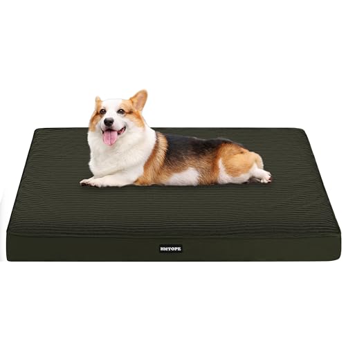 HMTOPE Orthopädisches Hundebett, 9cm Dicke Hundekissen für Mittelgroße Hunde, Abnehmbar und Waschbar Hundematte, rutschfeste Unterseite, Wasserdichtes Innenfutter, 91 cm, Olivgrün