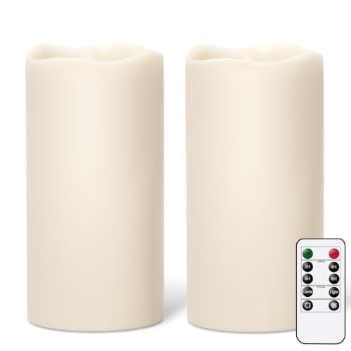 Image of GenSwin Waterproof Outdoor Flameless Candles Battery Operated with Remote Timer, 4 inch x 8 inch Large LED Pillar Candles Flickering for Indoor Outdoor Lanterns, Long-Lasting, Waterproof (White, Set of 2)