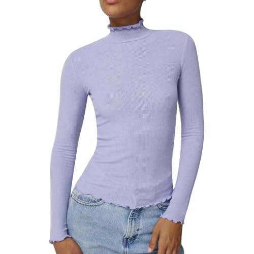 Top Ajustado con Cuello Alto para Mujer, Ribete de Volantes, Capas Básicas, Top Elástico Ajustado de Manga Larga, Color Liso para Uso Diario para Mujer (M)
