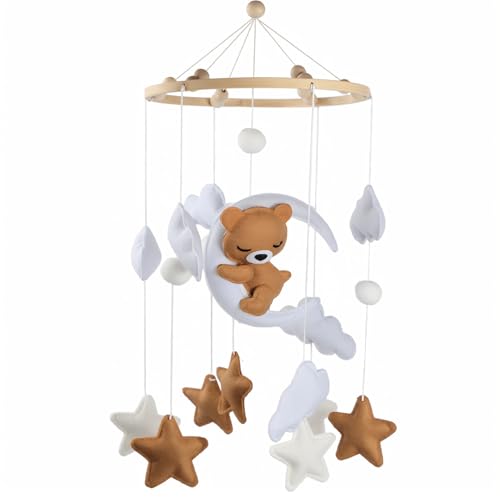 Móvel para berço de bebé em madeira e feltro, urso dormir, estrelas, lua e nuvens, carrossel sensorial Montessori, decoração para quarto infantil, presente para recém-nascidos, sem suporte (castanho)