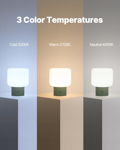 MAGCHARM Halo Mushroom Lamp, 5W Cute Cordless Rechargeable Table Lamp with Glass Shade, 3 Color Temps LED Dimmable Ambient Lighting, Small Retro Touch Bedside Light for Bedroom Decor, Vintage Green