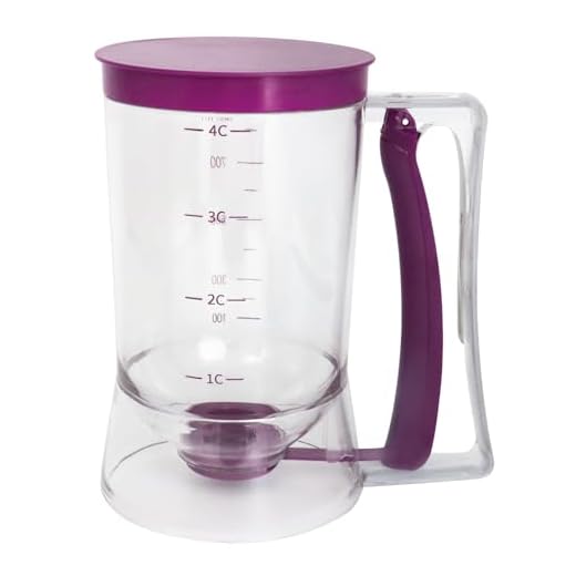 MIWOGA Pancake Batter Dispenser, Kitchen Must Have Tool for Perfect Pancakes, Cupcake, Waffle, Cake & Crepe, Batter Separator Maker with Measuring Label, Easy Pour Baking Supplies for Griddle (Purple)