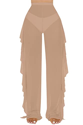 Image of Jumppmile Women's Ruffle Sheer Mesh Swimwear Bikini Cover Up Pants See Through