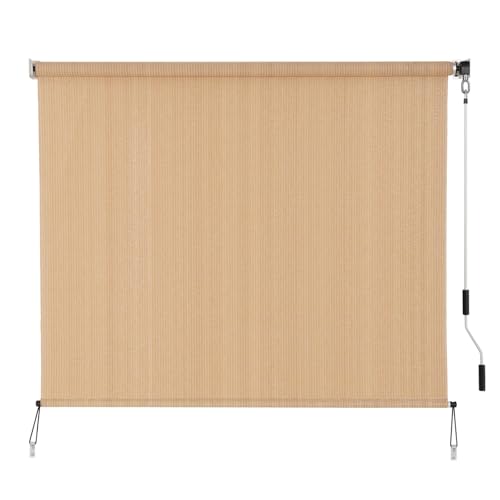 SEEYE Outdoor Sunshade Roller Shades 8' W x 6' H, Cordless Roll Up Shade Blinds Privacy Screen with 90% UV Protection, Exterior Patio Shade Cloth for Porch Pergola Balcony Backyard Windows, Walnut