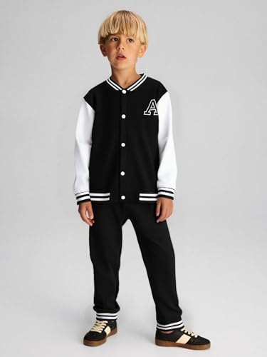 Image of Cakaner Boys Color Block Button Down Shirt and Jogger Pants Button Up Sweatsuits Sets (Size: 5-12T)