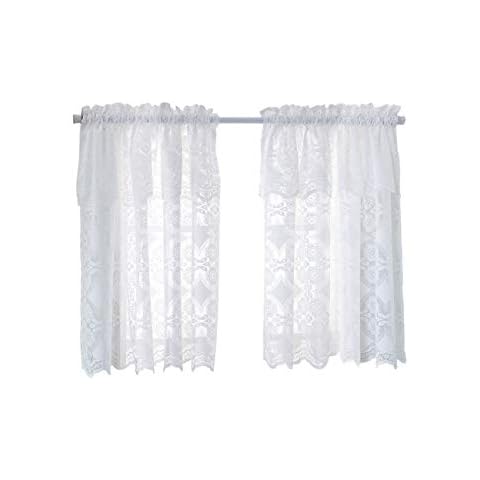 Molaxhome Lace Curtains 29 x 36 inch, 2 Pack Plain Embroidered Coffee Sheer Valances Embroidery Rod Pocket Voile Tier Curtain Panels for Small Kitchen Bathroom Window Treatment (29 x 36 inch, White) Cover