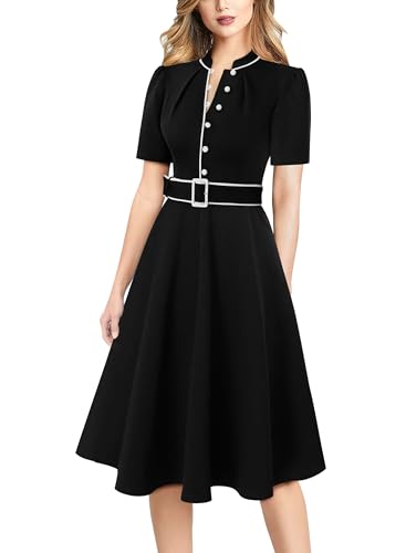 Image of VFSHOW Womens 2024 Business Work Office Pockets Belted Buttons Elegant Fit and Flare A-Line Dress