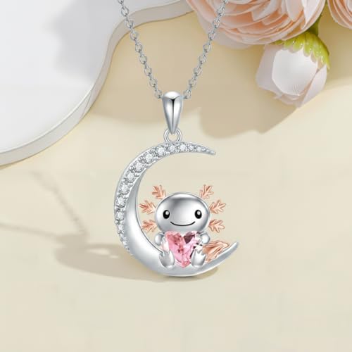 Image of PROESS Animal Birthstone Necklace 925 Sterling Silver Otter /Axolotl /Hippo /Elephant /Dachshund /Monkey /Red Panda Pendant Necklace Animal Birthstone Jewelry Gifts for Women