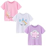 Pilipulu Mädchen T Shirts Baumwolle 3er Pack Sommer Tshirt Mädchen Kurzarm Rundhals Tops für Kinder 104, Rosa/Weiß/Lila