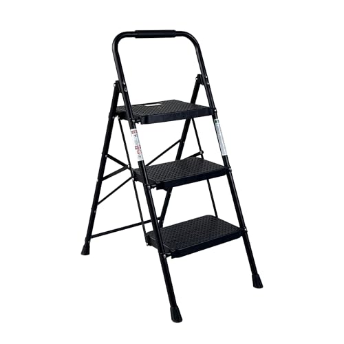 Image of 3 Step Ladder, Folding Step Stool with Wide Anti-Slip Pedal, 300 lbs Capacity Sturdy Steel Ladder, Ladder for Home, Garden, Painting, Outdoor, and Garage, Black