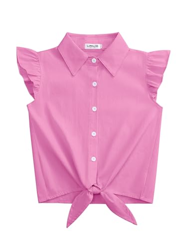 Lista de Blusas de Moda para Niña los más recomendados. 43 Camisa sin mangas a cuadros con botones para niñas, blusa corta de verano con nudo de lazo y manga con volantes, blusa de 3 a 12 años, ROSA ROSA, 9-10 Años