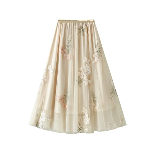 Women's 3D Floral Embroidered Tulle Skirts Mesh Layered Midi Skirt Elastic High Waist A-line Spring Summer Skirts