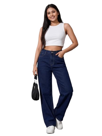 Women's Wide Leg Jeans, Dark Blue Washed Denim, High Rise, Relaxed Baggy Fit, Casual Streetwear, High Waist, Dark Blue, Casual Straight Trousers with Pockets-picture-24