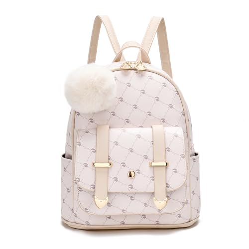 I IHAYNER Girls Fashion Backpack Mini Backpack Purse for Women Teenage Girls Purses PU Leather Pompom Backpack Shoulder Bag (Beige)