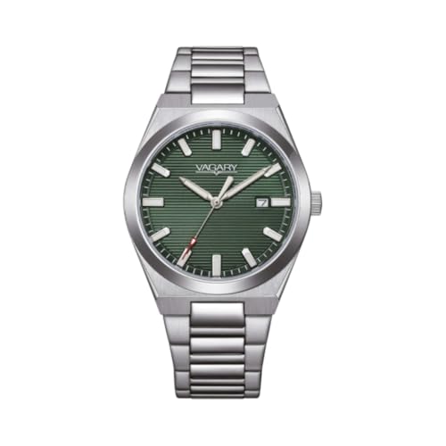 Citizen Vagary by Reloj Hombre Clásico Timeless IB9-719-41 | Caja y Pulsera Acero 38 mm | Esfera Verde a rayas con fecha | Detalle Rojo | Cuarzo | WR 5 bar