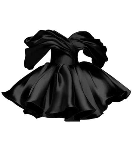 Off Shoulder Short Puffy Homecoming Dress for Teens Satin Ruffles Mini Cocktail Party Ball Gowns with Pockets LB179