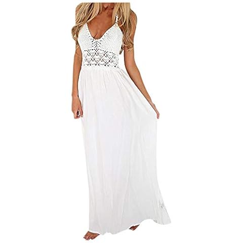 QWERTUR Lace Long Bohemian Maxi Beach Crochet Women's Sexy Halter Elegant Backless Dress Women's Dress O Neck Fashion Dress White Cover