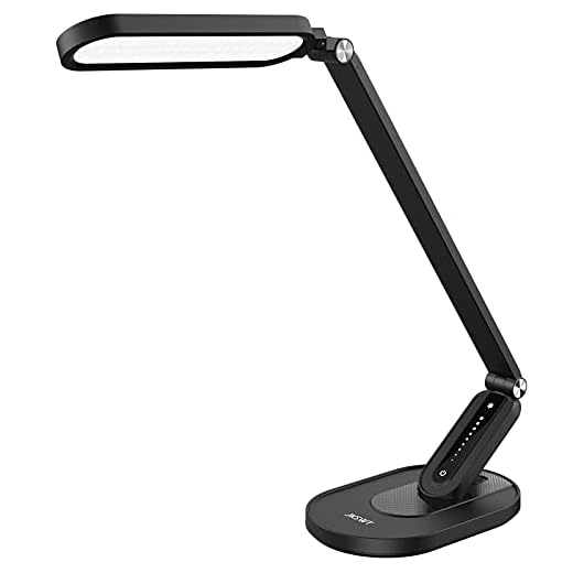 LED Desk Lamp, JKSWT Eye-Caring Table Lamps Natural Light Protects Eyes Dimmable Office Lamp with 5 Color Modes USB Charging Port Touch Control and Memory Function, 10W Reading Lamp,Black