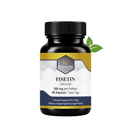 NovAging Liposomales Fisetin Anti-Aging Antioxidans 100% Vegan 90 Kapseln 500 mg rein Maximale Bioverfügbarkeit Hochdosiert Getestet ohne Zusatzstoffe GVO oder Allergene.