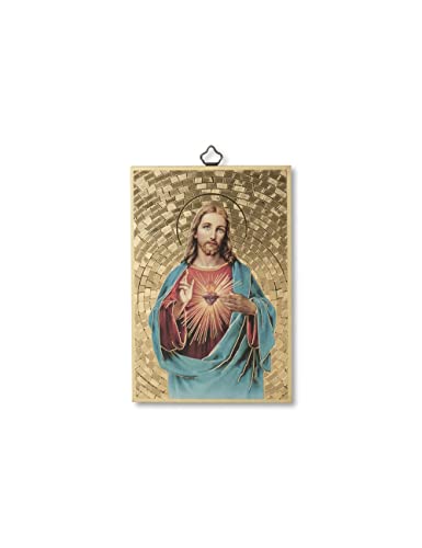 Fratelli Bonella | Tableau Sacré sur bois MDF de peuplier 8 mm avec mosaïque en feuille dorée du sacré Cœur de Jésus avec Prière au Sacro Cœur sur le dos 10 x 15 cm | Made in Italy Cover
