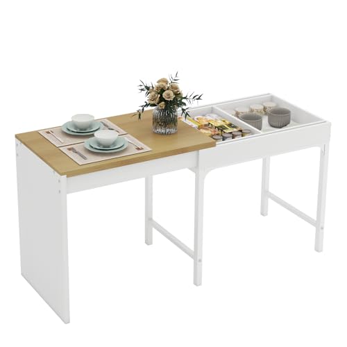 YU YUSING Table Console Extensible 80-160cm avec Rangement Caché, pour 2-6 Personnes, Table à Manger en Bois avec Rallonge, Table Pliante Cuisine, Salle à...