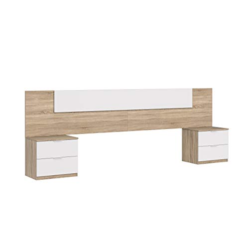 amuéblate online - Cabezal + Dos Mesitas de Noche, Cabecero y Mesillas, Modelo Tanya, Acabado en Blanco-Roble Canadian, Medidas: 247 cm (Ancho) x 50 cm (Alto) x 38 cm (Fondo)