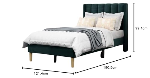 Image of Wooden Upholstered Bed Single Size Without Storage | Wrought Iron Single Size Cot with Headboard | Upholstered Bed for Bedroom | Palang Furniture for, Living Room, Dark Green, (Dark Green)