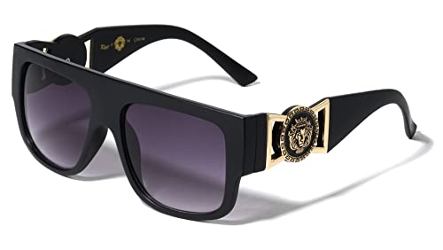 Dweebzilla Flat Top Lion Head Medallion Gold Buckle Retro Square Aviator Sunglasses